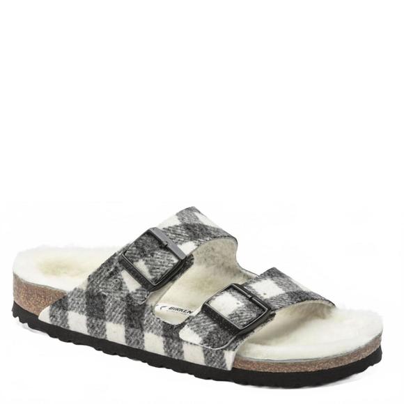 NEW BIRKENSTOCK women's arizona wool shearling sandal in white/black plaid - Picture 1 of 3